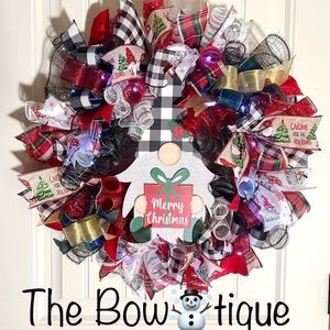 Handmade Merry Christmas Gnome Holiday Ribbon Door Wreath 22 ins W45